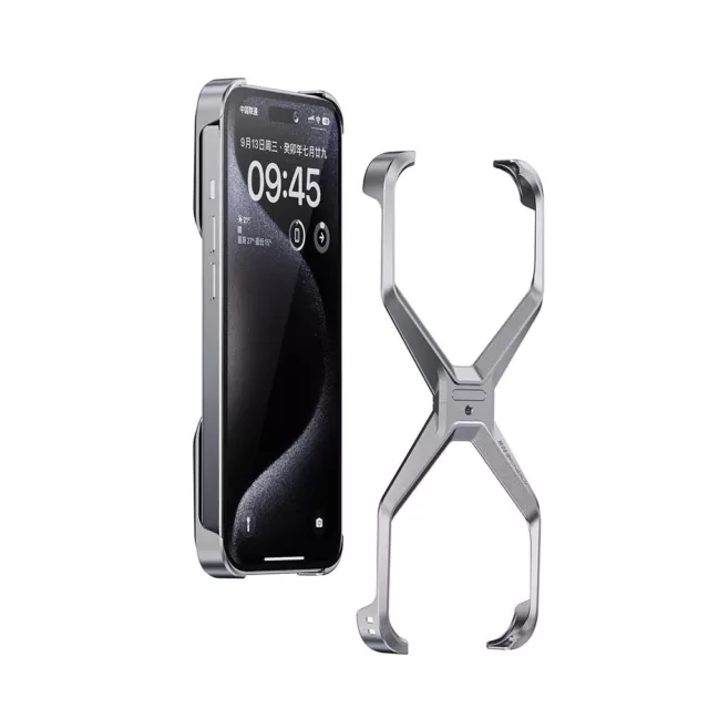 iPhone 15 Pro Max Super Slim Metal Luxury Aluminum Frameless X-Shaped Case - Silver